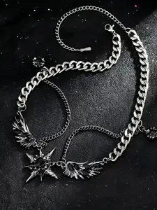 1pc Y2K Black Feather Wing & Star Pendant Necklace, Punk Grunge Cool Girl Choker Multi-Layer Stacked Stainless Steel Chain, Unique Collarbone Chain Edgy Dark Jewelry For Music Dance Festivals Or Vampire-Themed Evening Glam, Modern Versatile Accessories