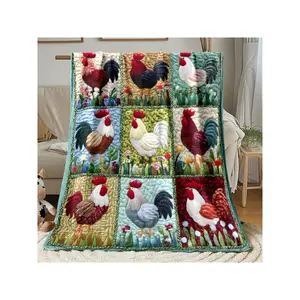 Vibrant Colorful Rooster Patchwork Quilt - Cozy Floral Country - Style Blanket for Warm & Charming Home Decor