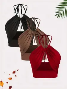 Women's Solid Ruched Tie Back Halter Neck Sexy Cami Fit Top, Casual Sleeveless Backless Top for Summer, Ladies Clothes for Daily Wear