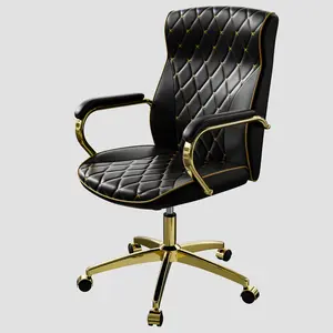 Black and Gold Office Chair, Soft Leather Office Chair with Wheels and Padded Arms, Mid Back Executive Desk Chair, Swivel Vintage Desk Chair and Height Adjustable