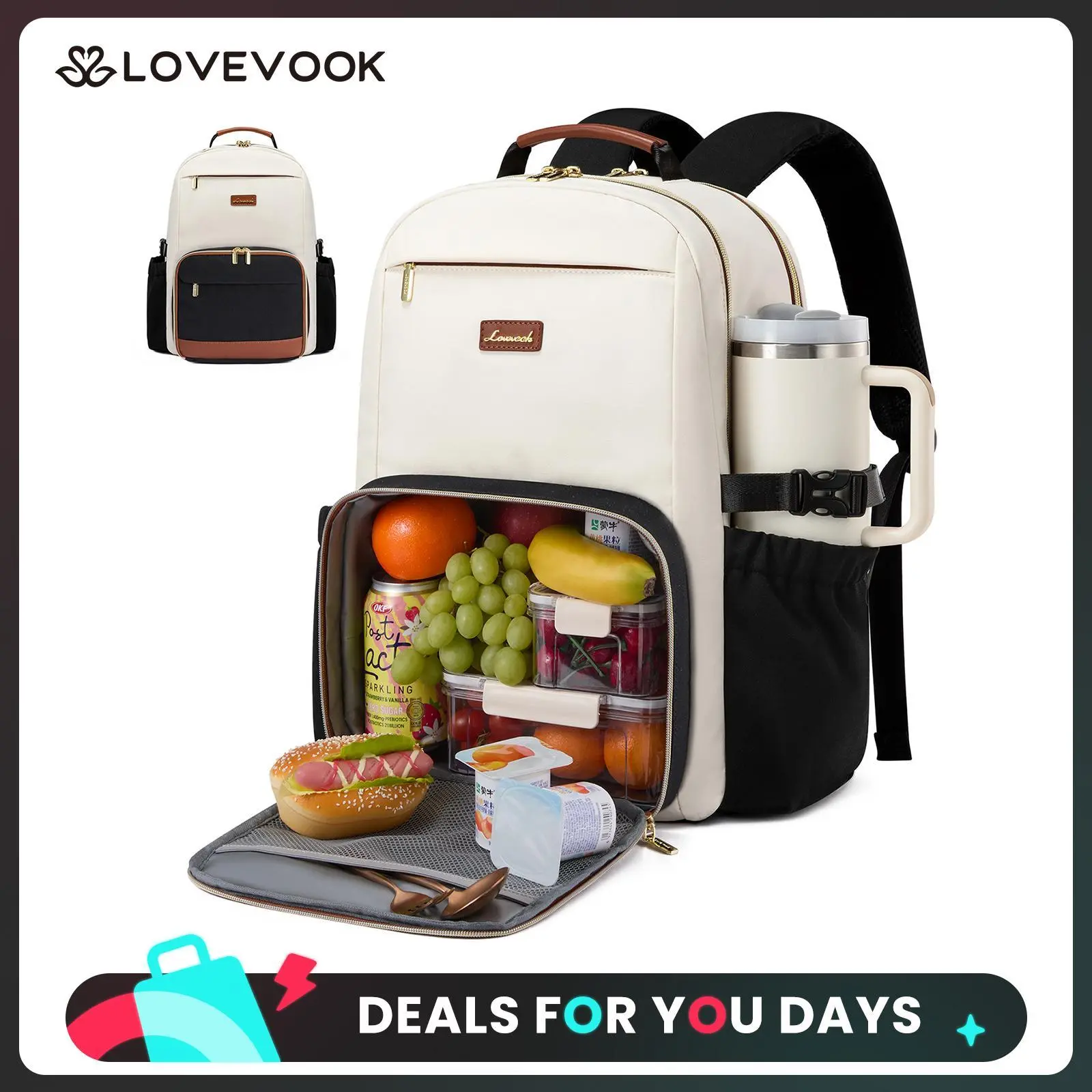 LOVEVOOK Lunch Backpack with Lunch Compartment,15.6 Inch Laptop Work Travel Insulated Cooler Backpack,Waterproof College Teacher Lunch Bag Box with Tumbler Holder,Gifts for Men Women
