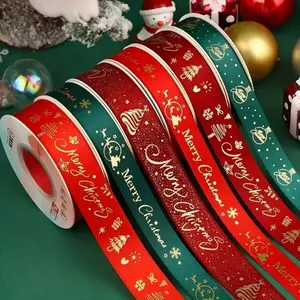 25 Yards/22.86m Christmas Theme Metallic Foil Printed Ribbon (Red, Green 2 Colors Available), Extra Long Ribbon For Christmas Tree Decoration, Gift Wrapping, Wreath Making, Holiday Party Decor, Create Festive Christmas Atmosphere