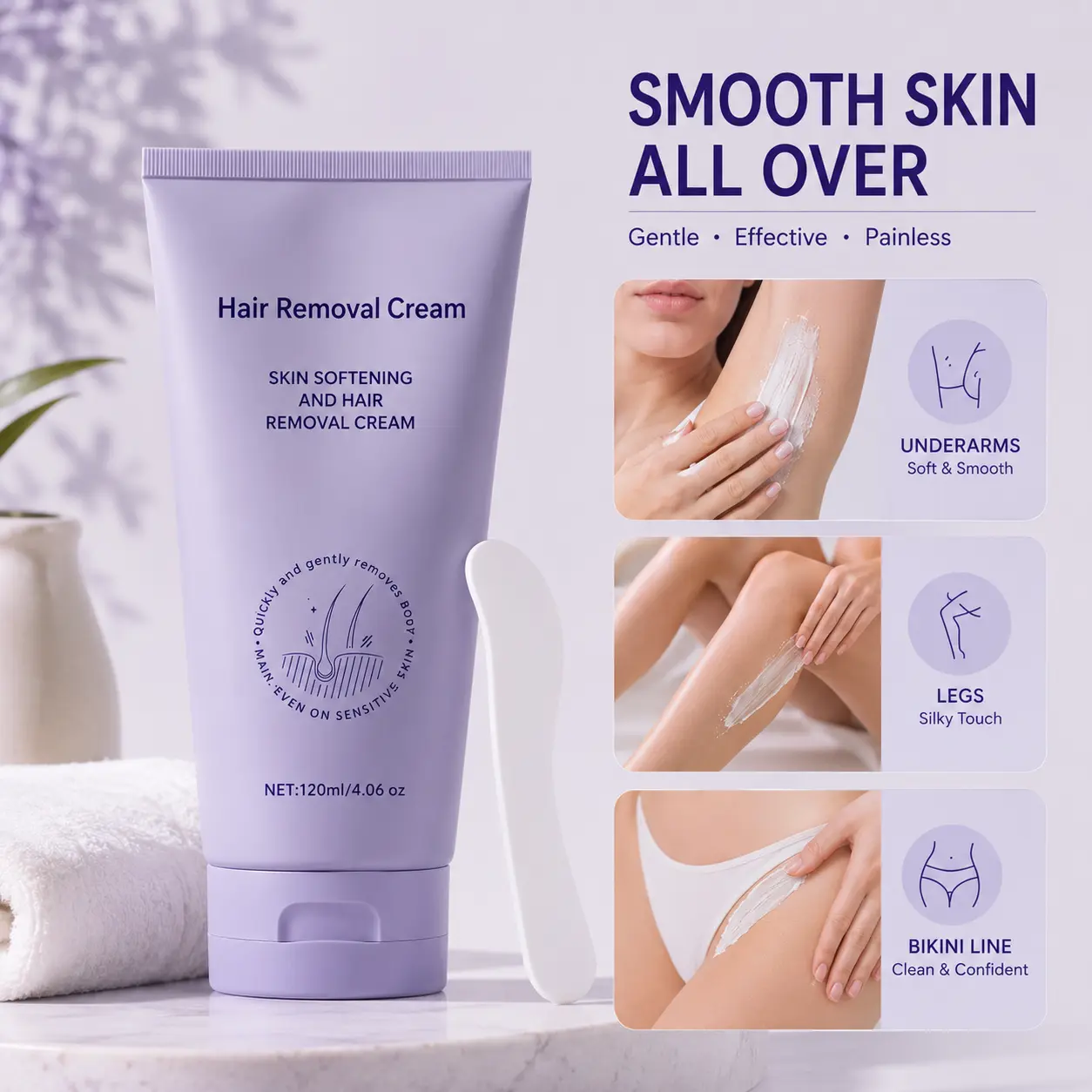 Hair Removal Cream for Women & Men – Underarm & Bikini Area – Smooth Skin in 5–10 Minutes – Painless Formula for Sensitive Skin – No Razor Bumps-Sensitive Skin Friendly / Fast Shipping Skin Soothing Body Care
