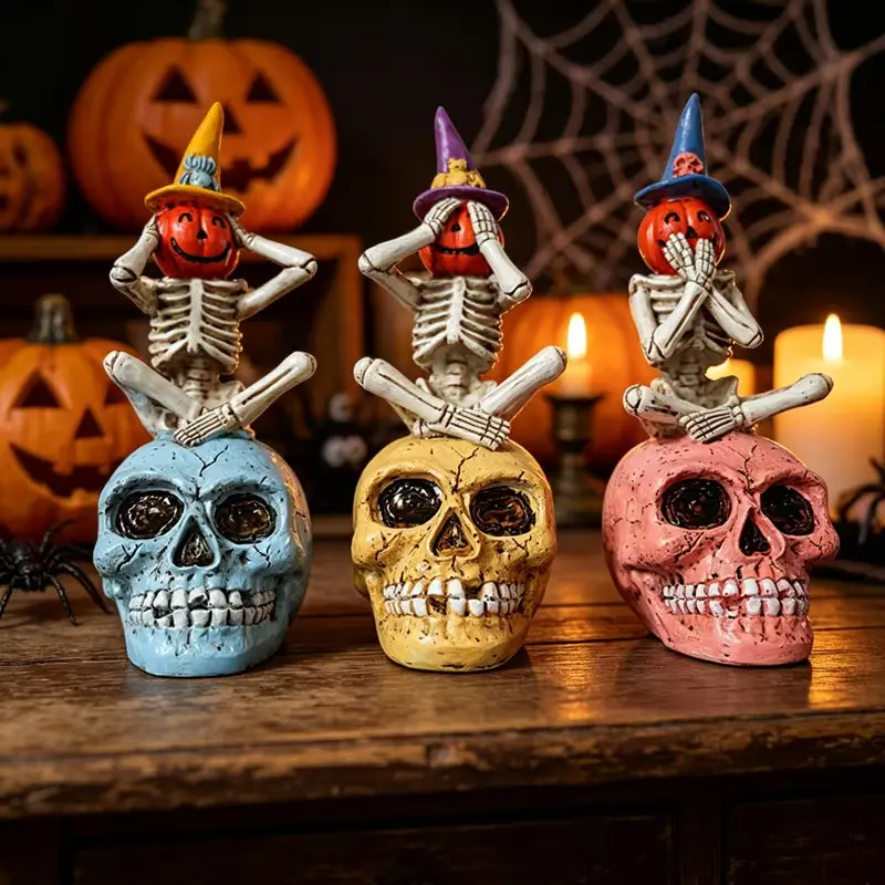 3 for halloween Skull Statues, Witch Hat (Not Listening, Not Looking, Not Speaking) Skeleton Figure, with Colorful Skull Base, Gothic Decoration, Suitable for Halloween-Themed Tabletops, Parties, Home Decoration, And As Collectible Statues