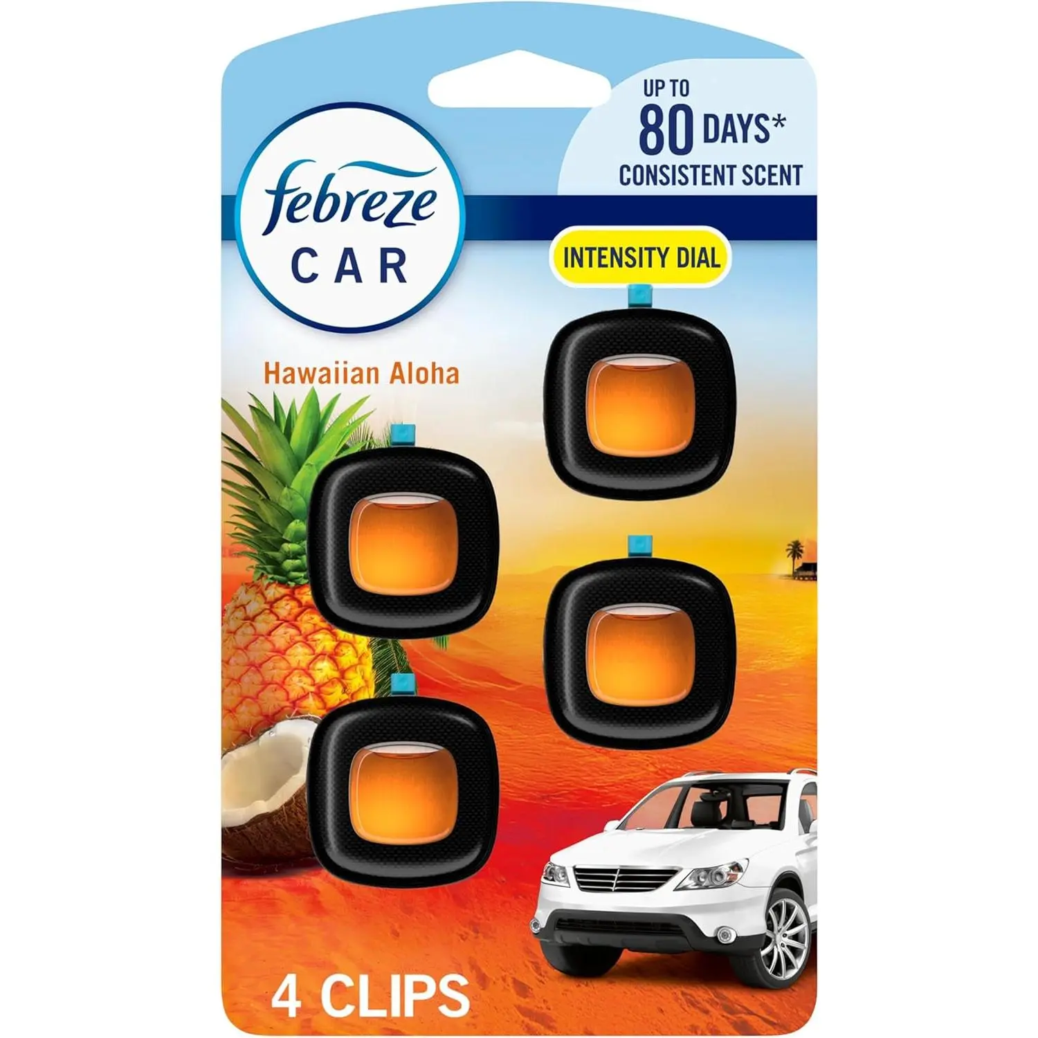 Febreze Car Air Freshener, Odor-Fighting Automotive Vent Clip, Scented Car Accessories, Long Lasting for Strong Odors, Hawaiian Aloha Scent, 4 Count