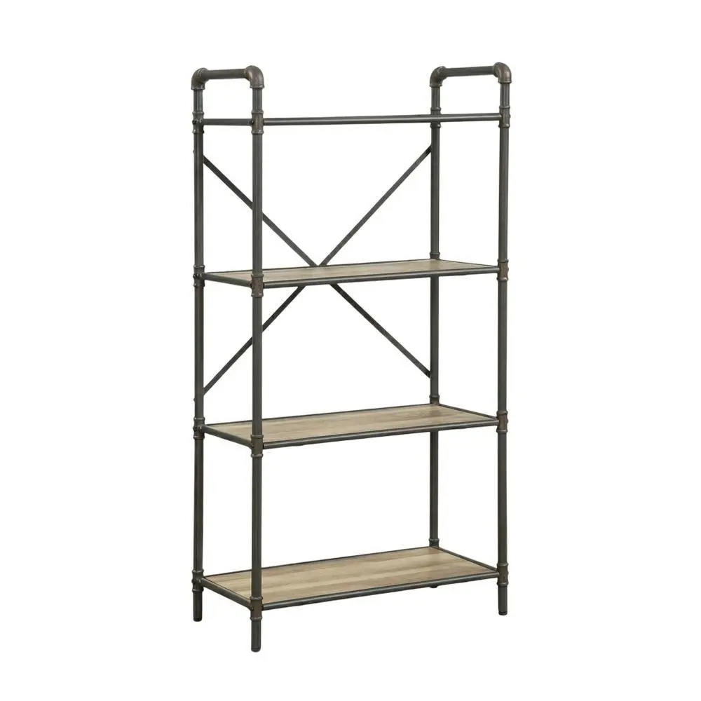 Antique Oak and Gray Rectangular Multi-Tiered Bookshelf, Indoor Storage Shelves with Modern Design