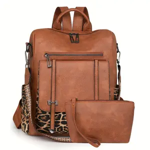 Women's Backpack Purse with Leopard Print Accents, Tassel Details & Front Zipper Pocket - Light Brown Designer Travel Bag, Multiple Compartments, Adjustable Shoulder Straps & Polyester Lining for Work,, Travel, Backpack for Travel