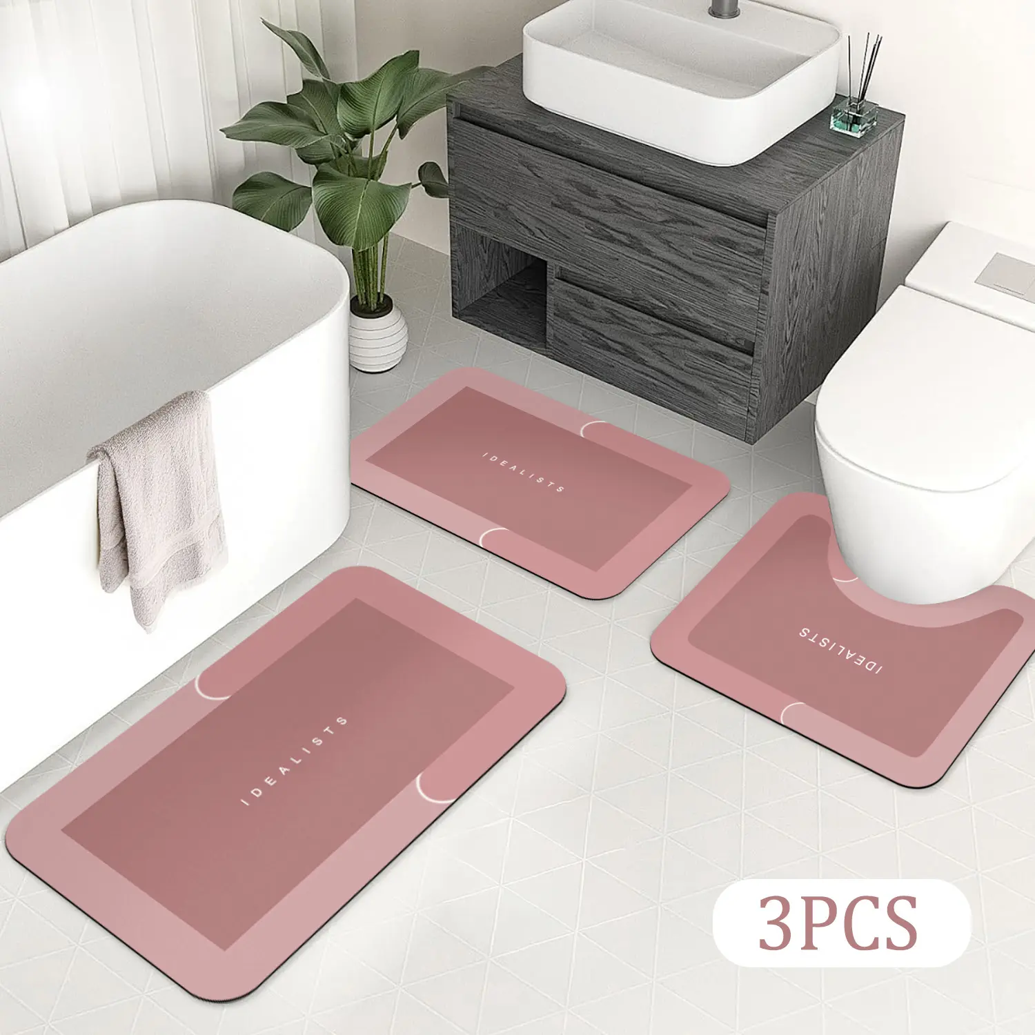 3pcs Diatomite Bathroom Toilet Carpet Set, Absorbent Washable Non-slip Backing Bath Mats, Suitable for Family & Hotel Shower Rooms