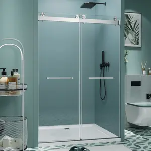 60" W x 76" H Frameless Double Sliding Shower Door, Soft-Close Brushed Nickel Shower Screen, 5/16" (8mm) Clear Nano-Coated Tempered Glass, Dual Stainless Steel Door Handles    RR