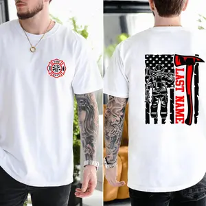 Custom Last Name Firefighter T-Shirt, Thin Red Line Vertical Flag, Personalized Firefighter Shirt, Custom Fireman Gift, Comfort Colors Tee Menswear Soft