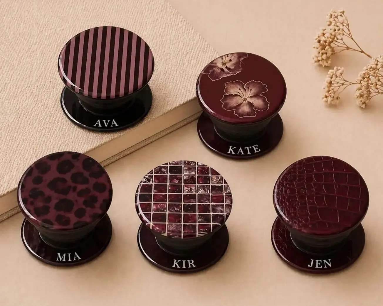 Burgundy MagSafe Pop Socket Personalized Phone Grip Custom Phone Stand Hibiscus Floral Leopard Tortoise Red Mosaic Leather Print Magnetic Phone Holder Gift