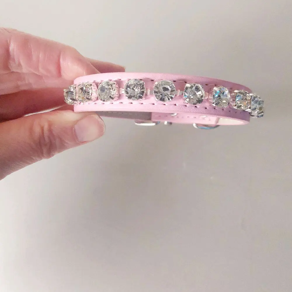 Pink Dog Collar & Buckle - Adjustable Hand-Stitched Leatherette with White Crystal Diamonds, Small Fits 10.5-13.5in Neck for Small Dogs, Indoor & Walking Use, Pet Supplies Collars & Leads, General Purpose