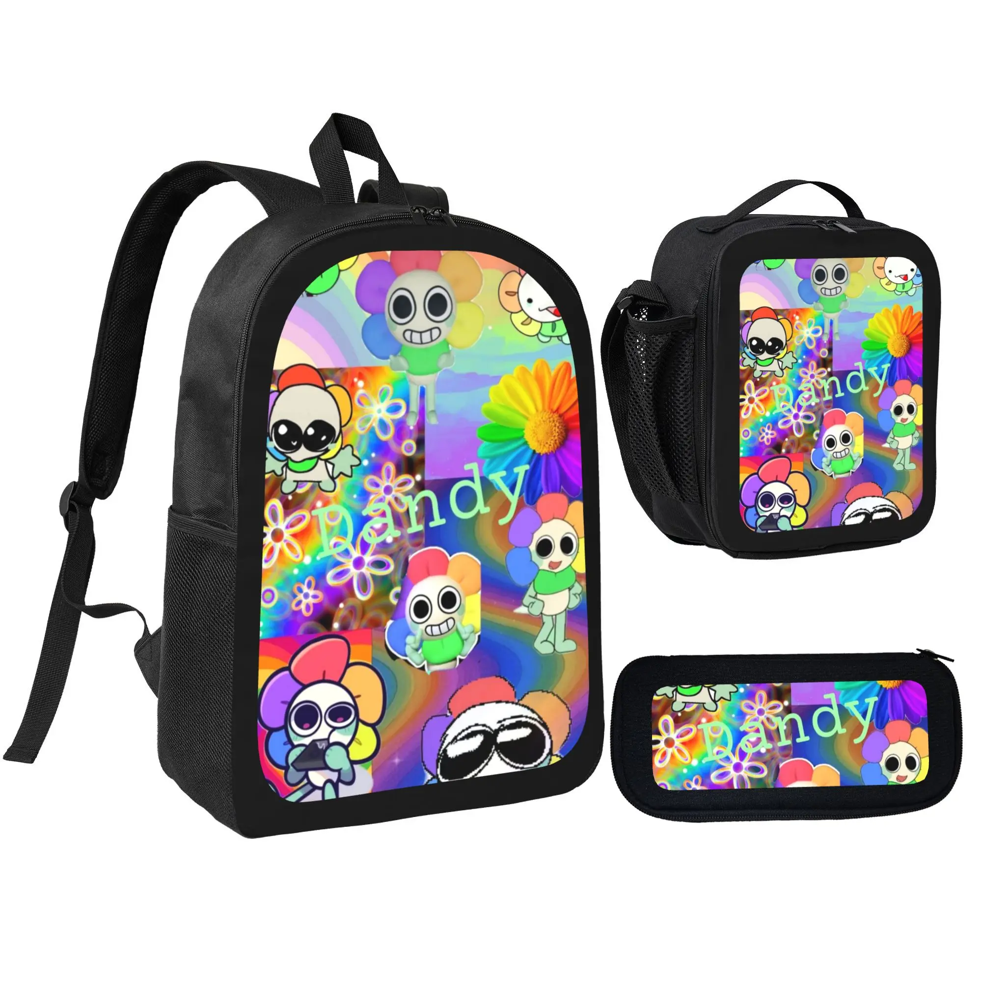 3 Piece Dandy's World Character Backpack Set, Insulated Cooler Lunch Bag and Durable Pencil Case Included, Lightweight School Travel Daypack for Kids of All Ages