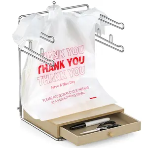 Plastic Grocery Bag Holder, Chrome T-Shirt Bag Rack, Plastic Bag Organizer with Wooden Drawers Base for Grocery Store, Supermarket, Restaurant, Business (Brown)