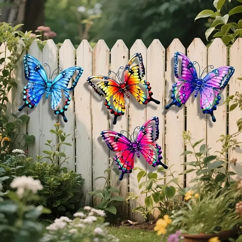 Colorful Metal Butterfly Wall Decor Set (4 Pieces), Home Outdoor Garden Patio Living Room Bedroom Balcony Decoration, Outdoor Fence Art, Ideal Gift for Friends and Family