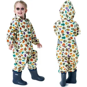 L-QE034  Kids Toddler Rain Suit for Boys Girls One Piece Hoodie Zipper Cartoon Waterproof Coverall Rain Jacket 1-10 Years