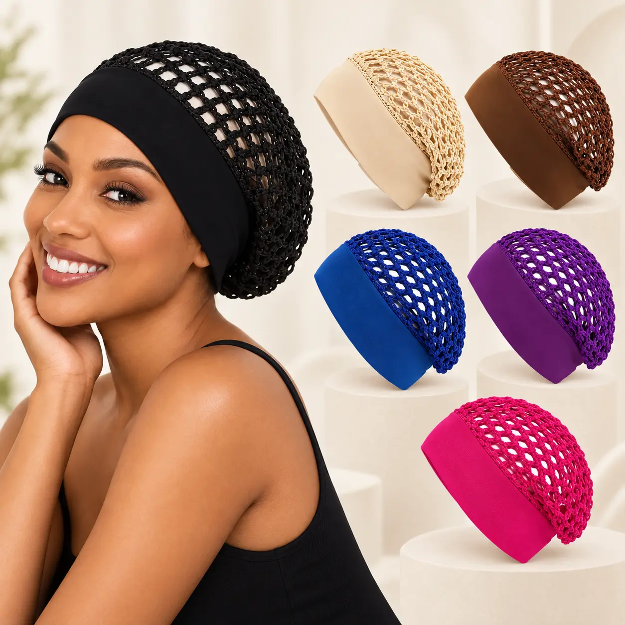 Stretchy Wide Band Hair Bonnet, Breathable Crochet Mesh Sleep Cap, Soft Elastic Hair Protection Hat for Night Sleeping, Home Daily Hair Care, Multiple Colors Available