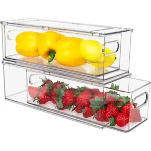 2 Pack Stackable Refrigerator Organizer Bins with Pull-out Drawer Transparent Clear Fridge Drawer Organizer with Handle BPA-free PET Material for Kitchen Pantry Storage