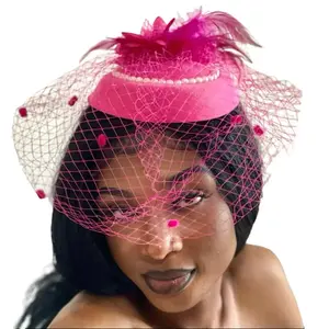 Fashion Fascinator Hat Royal Wedding Pink Veil with Feathers and Pearls for Special Occasions