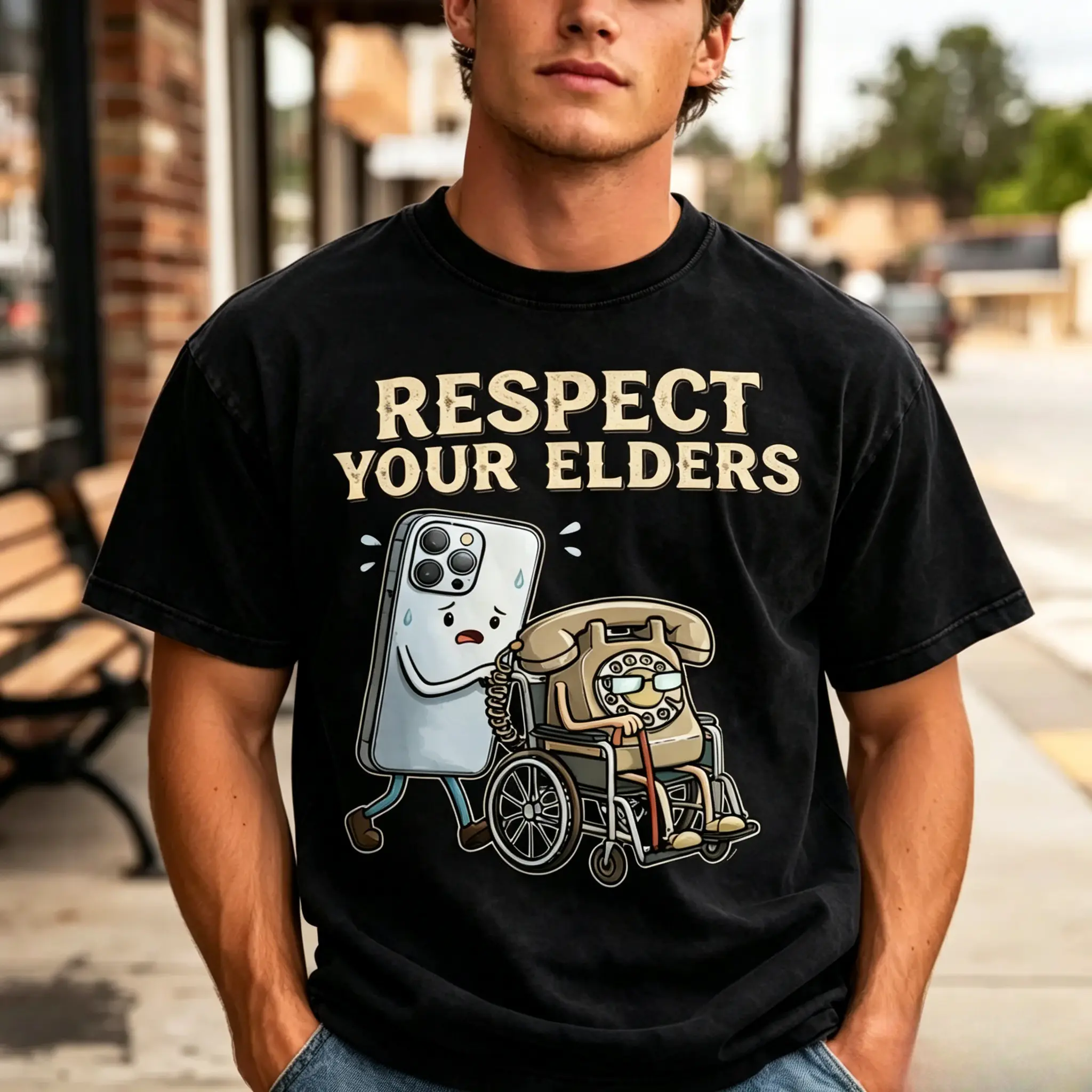 Respect Your Elders" Tech T-Shirt - Modern Smartphone & Retro Rotary Phone Design - Unique Gadget Evolution Humor Tee - Soft Cotton Graphic Shirt for Techies & Geeks