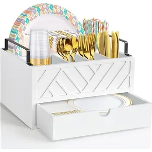 Paper Plate Dispenser with Drawer, Paper Plate Holder for Kitchen Counter,  Rustic Silverware Utensil , Cutlery Flatware Organizer for Cup Spoon Fork Plates Napkins, White Kitchen Accessories