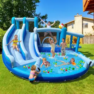 Inflatable Bounce House Water Slide Water Park, Kids Bouncy House for Kids 3-12 with Dual Slide, Outdoor & Indoor, with 550W Powerful Blower Included (Dual Slide Water Park)
