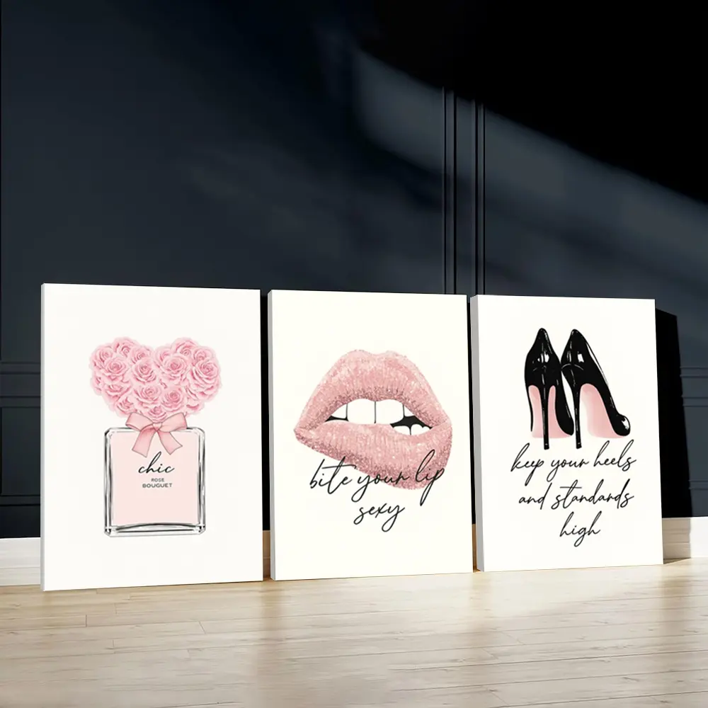 3pcs Chic Wall Art, Aesthetic Wall Decor, Sensual Lips Poster, High Heels Art Prints, Home Decor, Modern Wall Paintings, Modern Floral Paintings, Cozy Canvas Posters Wall Arts, Decor for Living Room, Bedroom, Gift, With Frame, Decoration Items