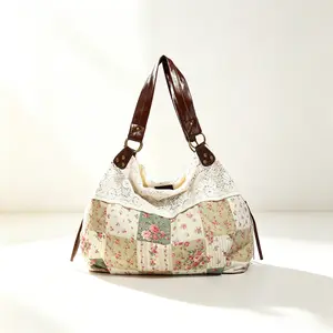 Vintage Cottagecore Floral Lace Patchwork Tote Bag, Large Capacity Casual Shoulder Handbag, Boho Floral & Plaid Bag for Beach, Travel, Everyday Use & Gathering