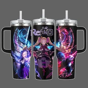 Re:Zero Anime Stainless Steel Insulated Travel Tumbler With Handle, 20oz 40oz Straw Lid, Emilia Beatrice Rem Rem Design Full Wrap Cup for Anime Fans