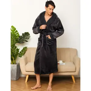 iniber Mens Hooded Robe, Soft Lightweight Plush Robes for Men, Warm Long Fleece Men's Bathrobe with Pockets