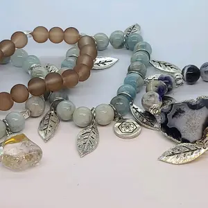 Brokati Blue Moon in Silver with Aquamarine and Soldalite Beads,  Blue Druzy Slice, and Crystal Charm Stacked Bracelet Collection
