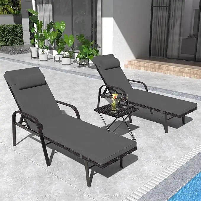 Patio Chaise Lounge Sets Outdoor Armchair Recliner Rattan Adjustable Back 3 Pieces Cushioned Patio Folding Chaise Lounge with Folding Table