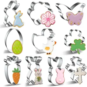 Easter Cookie  Set - 10 count - Easter Bunny, Egg, Chick, Carrot, , Bunny , Holy Cross, Leaf, Flower, Butterfly Shapes - Stainless Steel Biscuit Molds for Spring Holiday Baking