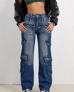 Women's Dark Blue High Waist Cargo Pants, Loose Fit Non-Stretch Wide Legs Jeans, Y2K Women's Denim Jeans