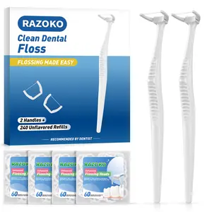 RAZOKO Reusable Dental Flosser Kit, Extra Strong Shred-Resistant Floss, for Hard to Reach Areas, PTFE & PFAS Free (2 White Handles + 240 Refills)