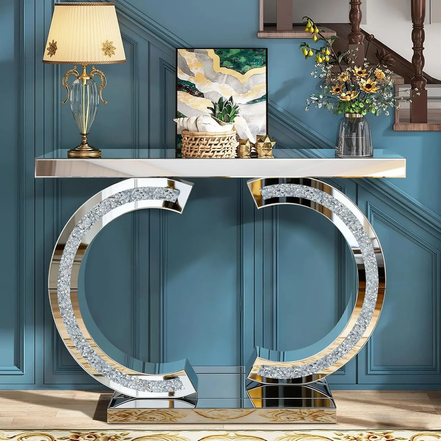Silver Mirrored Console Table with Crushed Diamond Inlay - 39.4in Living Room Tables, MDF+Glass Double C-Shaped Base Narrow Piece with Beveled Edges, Crystal-Like Shine, Mirror-Smooth Top for Entryway, 2 Installation Methods