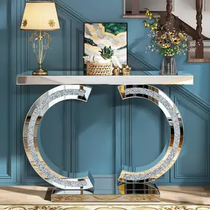 Silver Mirrored Console Table with Crushed Diamond Inlay, 39.4'' Long Entryway Sofa Table, Double C-Shaped Base Modern Accent Narrow Table for Living Room, Hallway, Foyer, Entrance,Two installation methods