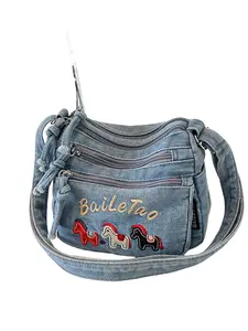 Embroidered Horse Design Denim Crossbody Bag, Stylish Animal Print Shoulder Satchel, Perfect for Casual & Daily Use