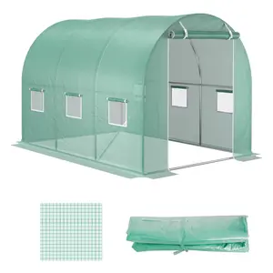 9.8' x 6.6' x 6.6' Greenhouse Cover Replacement – Green. 2-Layer 140 GSM PE + Reinforcement Grid. 6 Windows + Roll-Up Zippered Door. 6" Extended Edge. Waterproof