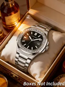 Classic Nautilus Silver Steel Analog Mechanical Watch, Barrel Shape Case with Vertical Dial, Full Diamond Bezel, High-End Business Luxury Wristwatch