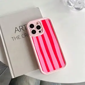 Rose Pink Stripes- Pattern Mobile Phone Case Pink For IPhone 16/15/14/13/12 Pro Max 14 15 16 Plus Xs Max Anti-Drop And Shockproof Mobile Phone Case Protective Case For Women/Girls, Holiday Gifts, Girlfriends, Lovers, Family Ideal Choice