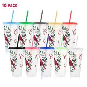 10pcs/24oz/710ml/Plastic Tumblers With Lid And Straw,Iced Coffee Cup,Festival Party Supplies,Christmas Cardinals Design Party Cup For Holiday Gifting,The Best Gifts For Family And Friends On Easter,Mother's Day,And Valentine's Day