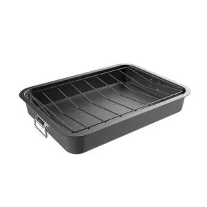 Heavy-duty Carbon Steel Roasting Pan with Angled Rack-Nonstick Oven Roaster and Removable Tray-Drain Fat and Grease for Healthier Cooking Meat Cookware