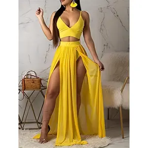 Women Sexy 2 Piece Outfits Dress - Chiffon Strap Deep V Neck Bra Crop Top High Split Maxi Dresses Skirt Set - For Women - Suitable for Party, Night Out, Date - Perfect Gift for Her