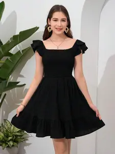 Teen Girl Woven Cap Sleeve Square Neck Elastic Waist Holiday Casual Sundress Holiday Outfits