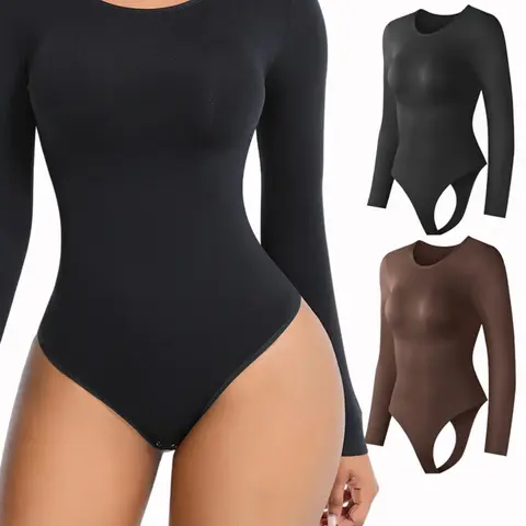 Women's Plain Round Neck Long Sleeve Jumpsuit, Comfortable Daily Wear Basic Shapewear, All Seasons Tight Fit Bodysuit, Essential S-Type Silhouette