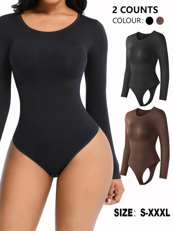Women's Solid Round Neck Long Sleeve Shapewear Bodysuit, Body Sculpting Compression, Casual Comfy Tummy Control Bodysuit for Daily Wear, Women's Shapewear for All Seasons