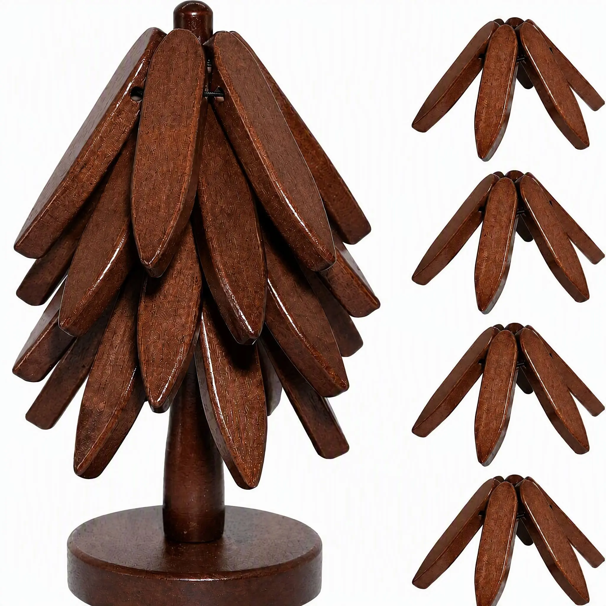Wooden Coaster for Hot Dishes, Tree Shape Trivet Set, 4 Walnut Wood + 1 Stand stored Like a Christmas Tree,Foldable Kitchen Wooden Trivet,for Hot Dishes、Pot、Bowl、Teapot、Hot Pot Holder(Walnut Wood),decorative trivet,natural tree trivet, wood coaster