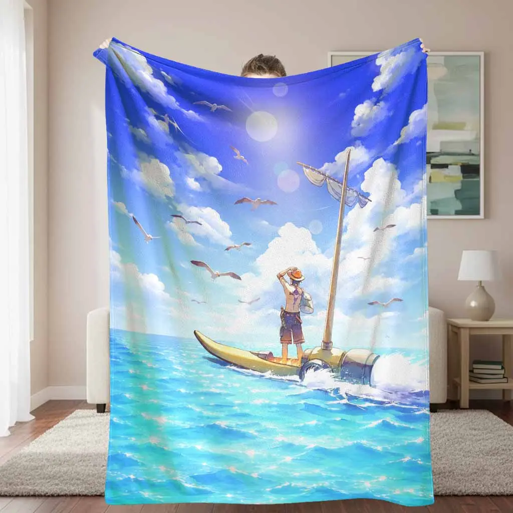 Anime Style Sailing Adventure Ocean View Print Flannel Throw Blanket, Breathable Wrinkle Resistant Durable Machine Wash Soft Cozy Lightweight Warm, for Bedroom Home Decor Gift, Daily Office Life