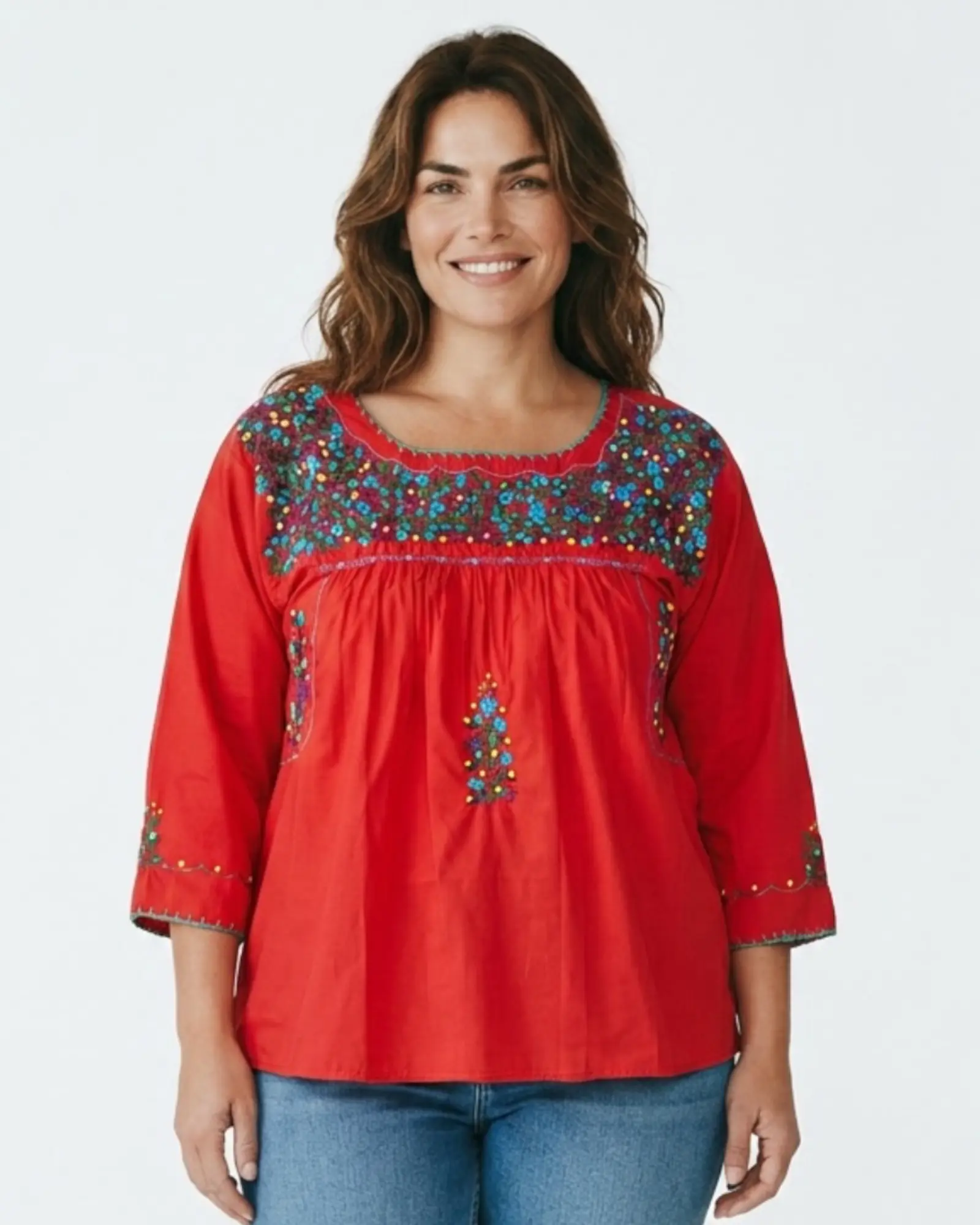 San Antonino Mexican Blouse 3/4 Sleeve Lavender Red